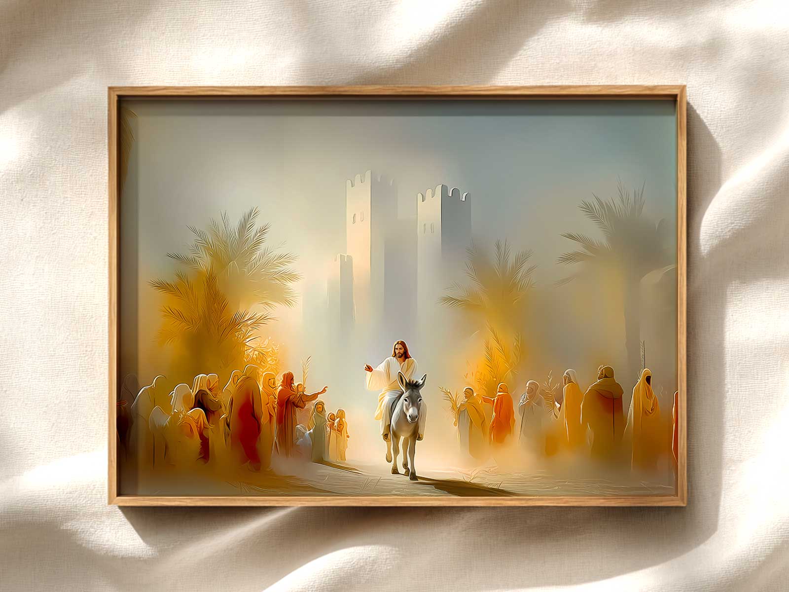Entry into Jerusalem scene adapted for domestic display, showing the procession reflected in a home interior setting
