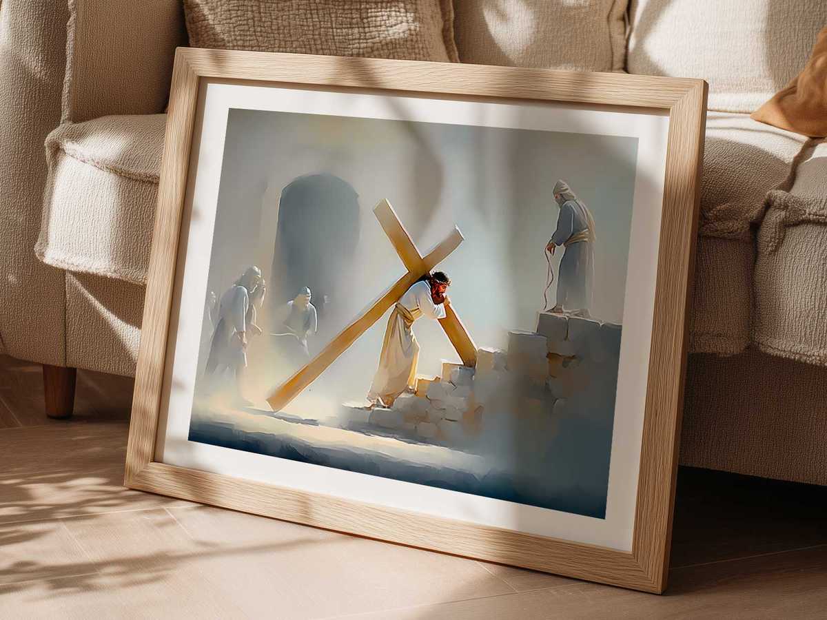 A procession scene with Jesus carrying the cross bathed in compassionate light, highlighting devotion over drama
