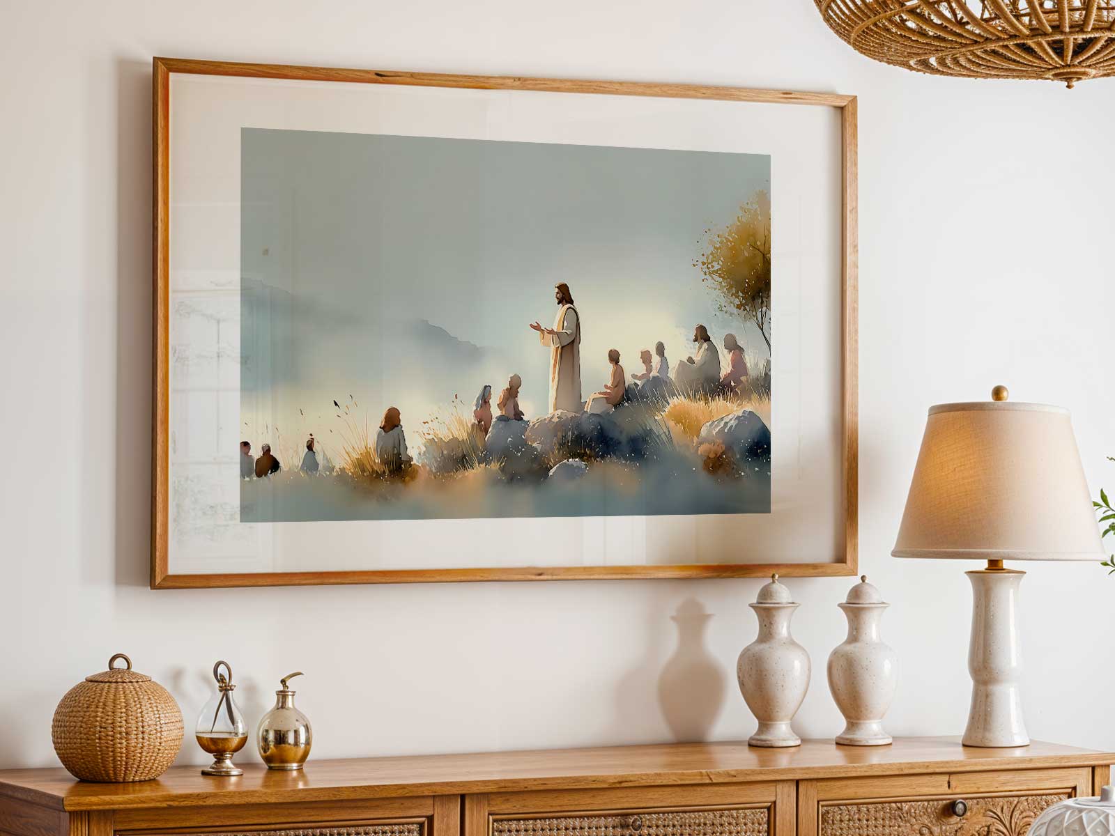 Framed print of a promise from the Sermon on the Mount with warm typography on a mantle