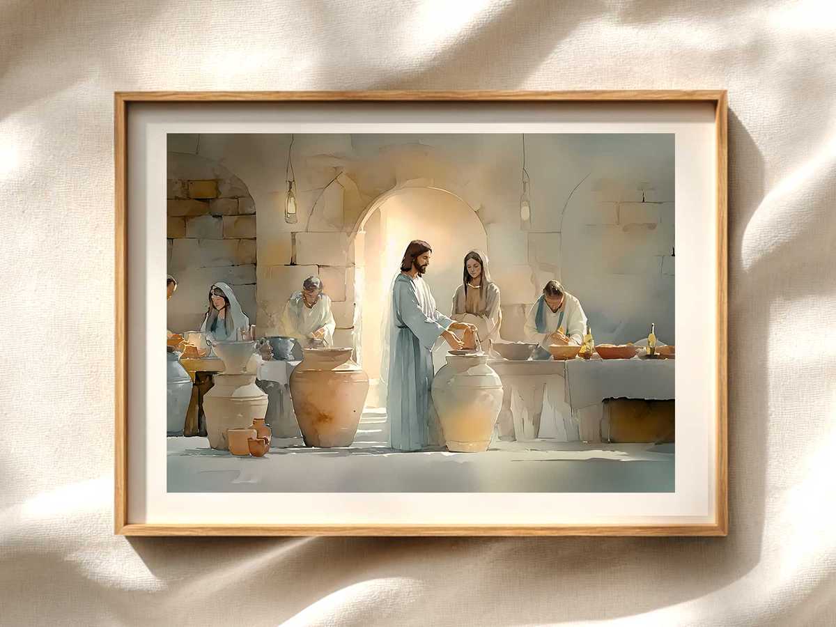 Wedding at Cana ceremony scene — Jesus art for home reflection Christian wall art displayed as a peaceful framed print