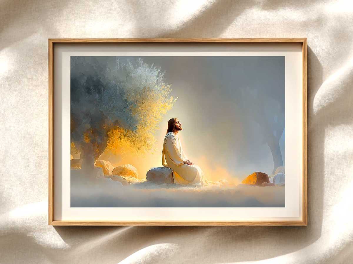 Gethsemane Sketch with Brief Bible Verse Christian wall art displayed as a peaceful framed print