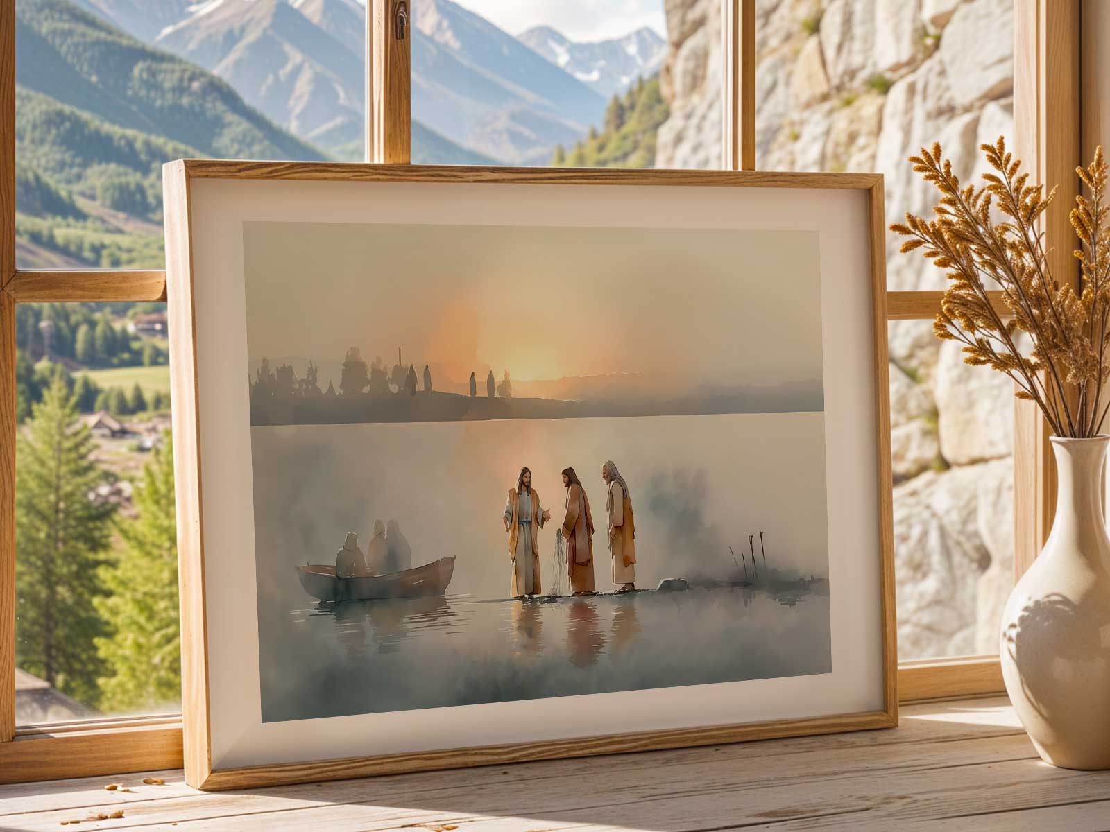 A calm interior moment of disciples listening to Jesus, arranged for domestic contemplation
