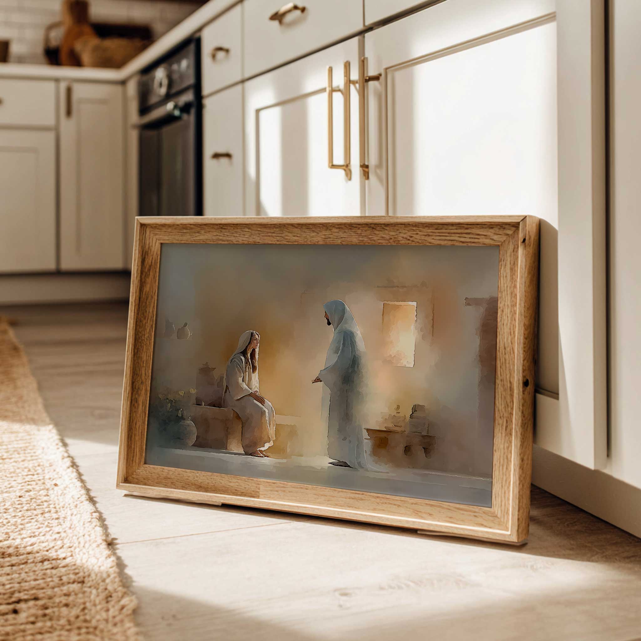 A solitary person seated in a chapel, head bowed in quiet contemplation before an image of the Virgin Mary