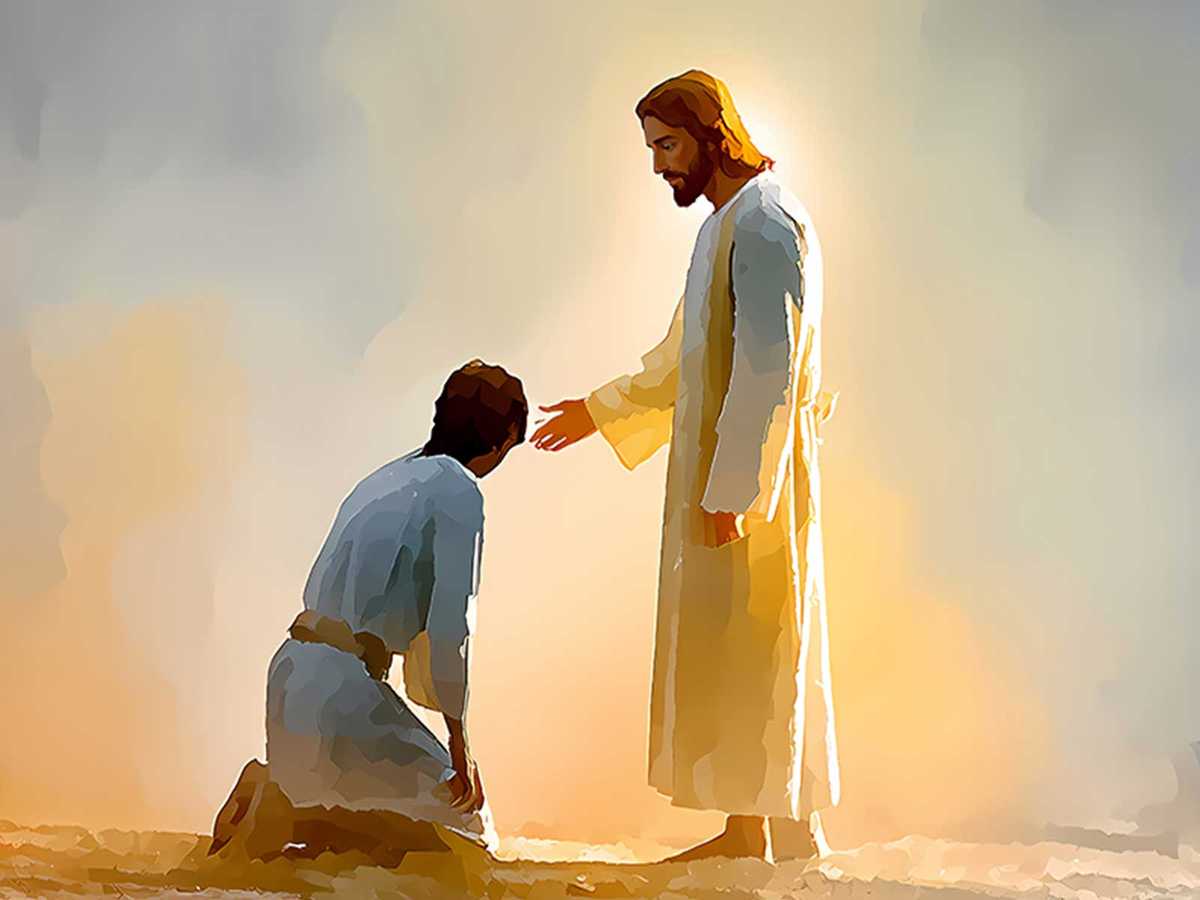 Close-up study of Jesus's face rendered with few precise strokes, conveying serenity and compassion in a contemplative…