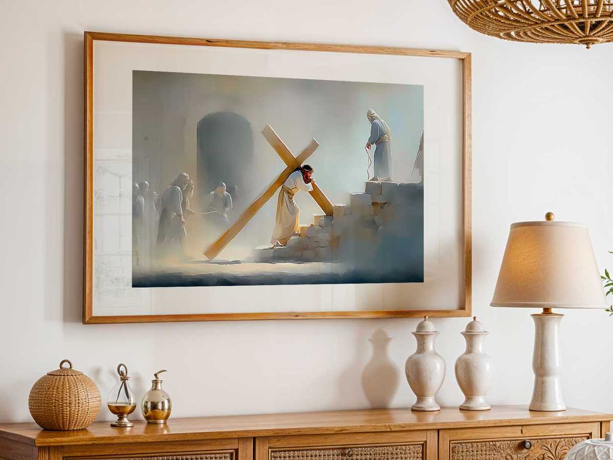 Jesus walking under the weight of the cross with a posture of quiet resignation and underlying hope