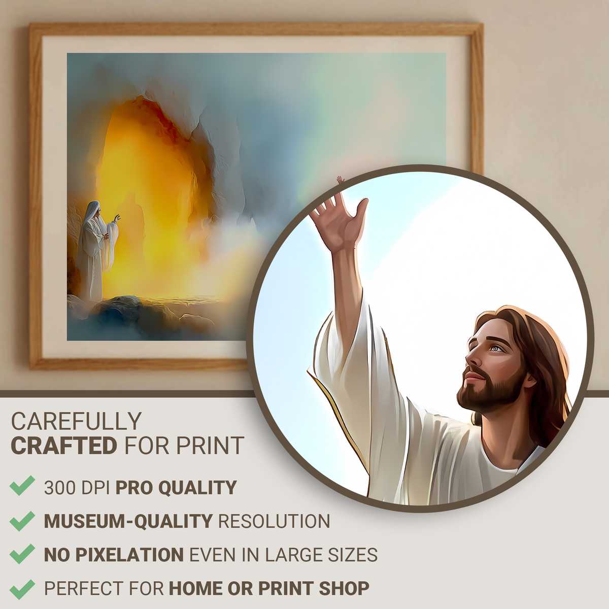 Large-format canvas showing Christ commanding Lazarus to rise, with onlookers reacting in awe in a softly lit interior