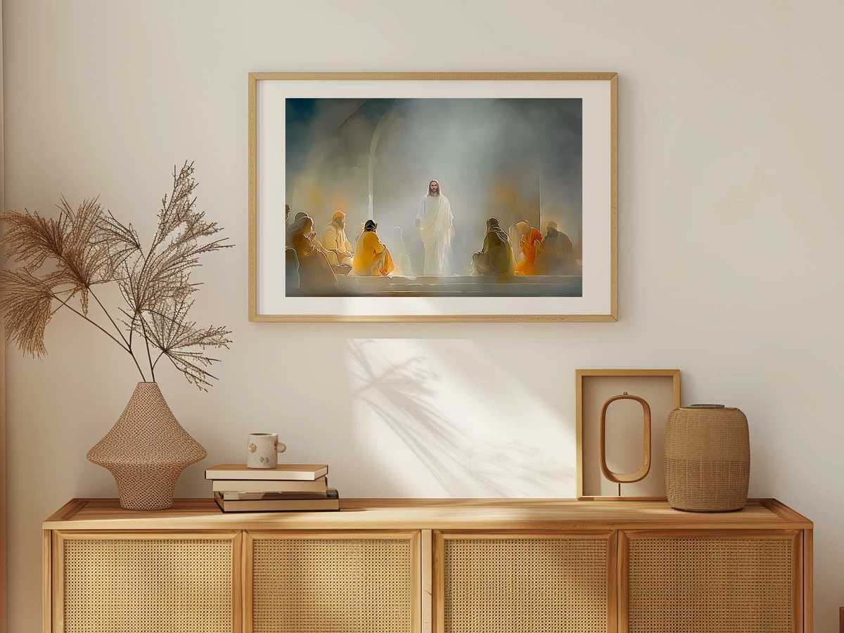 The Resurrected Christ revealing his wounds to affirm his identity, disciples responding with reverence
