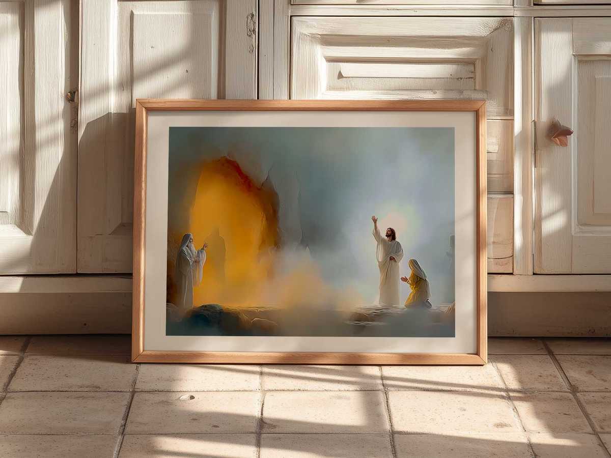 Balanced composition of Christ and Lazarus highlighting the scene's sacred hierarchy