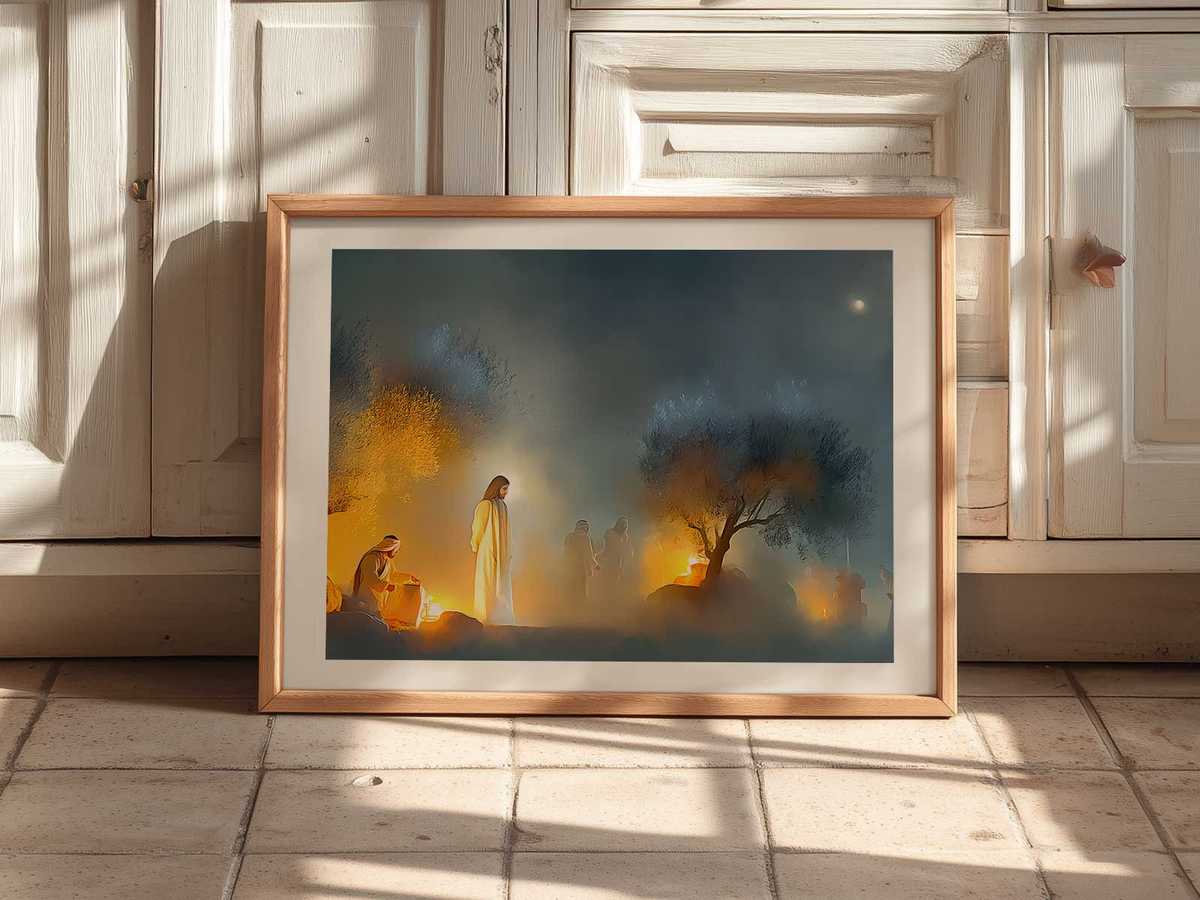 Simple composition depicting the sacred presence of Christ during his arrest, calm visage and economical strokes inviting…