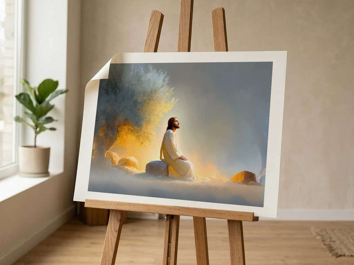 Landscape-style illustration of a biblical scene with an integrated scripture line at the bottom in clean type
