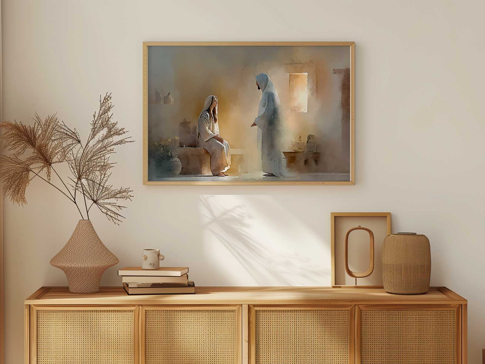Minimalist panel featuring a short Gospel verse beside a subtle image of Jesus, styled for an entryway to invite…