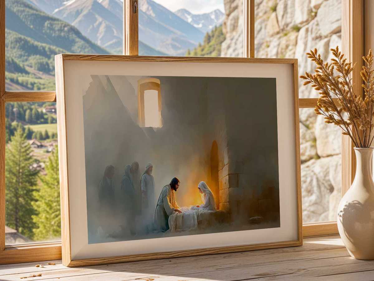 Poster pairing a scripture passage with an image of Jairus’ daughter rising, for devotional use at home