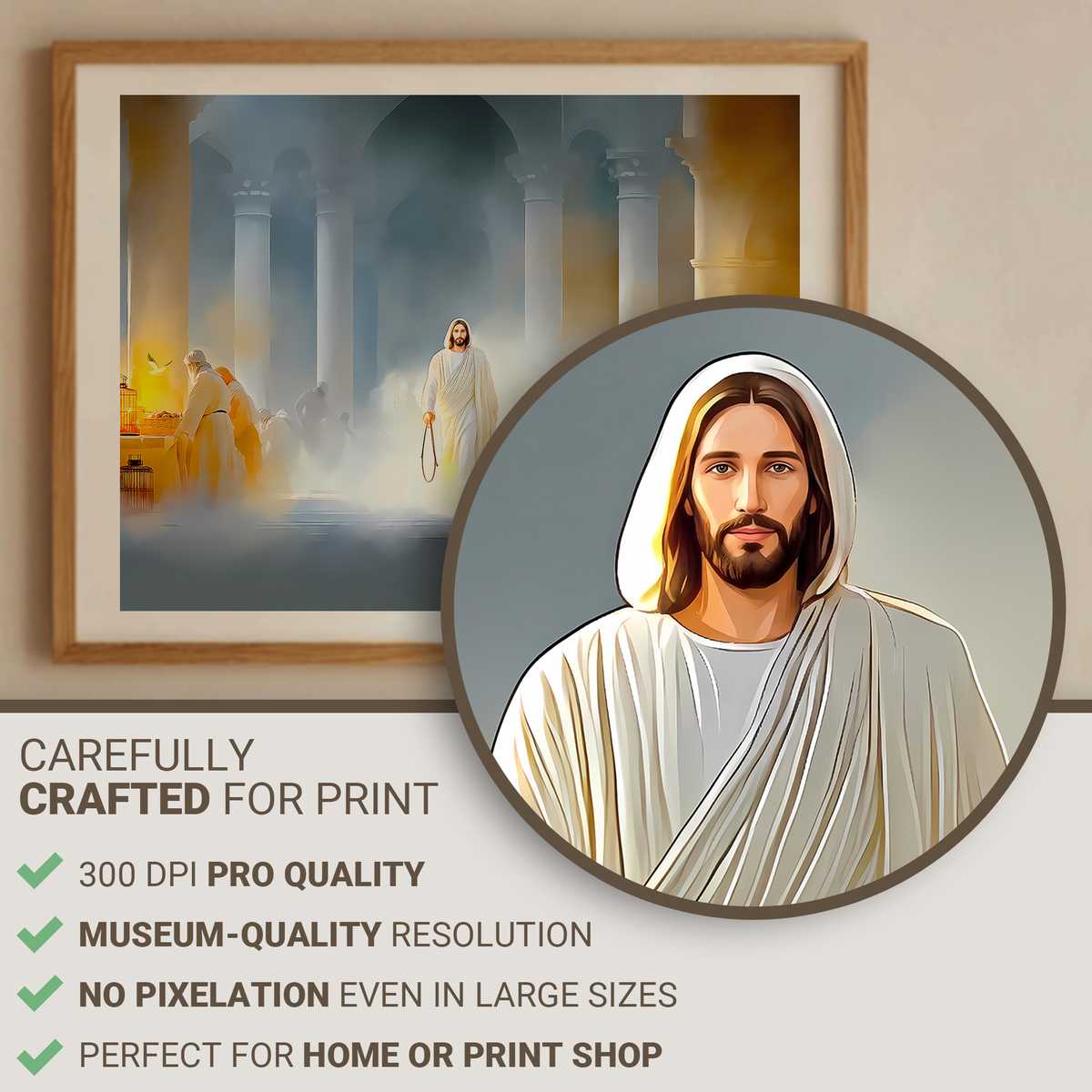 Minimal line drawing of Jesus overturning tables in the Temple, face calm and focused