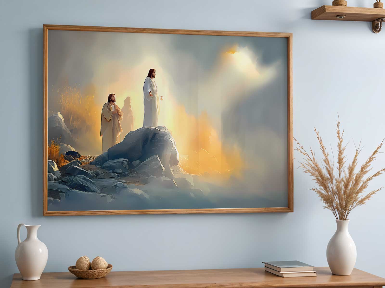 Serene lakeside landscape with a small card showing a short peace scripture verse