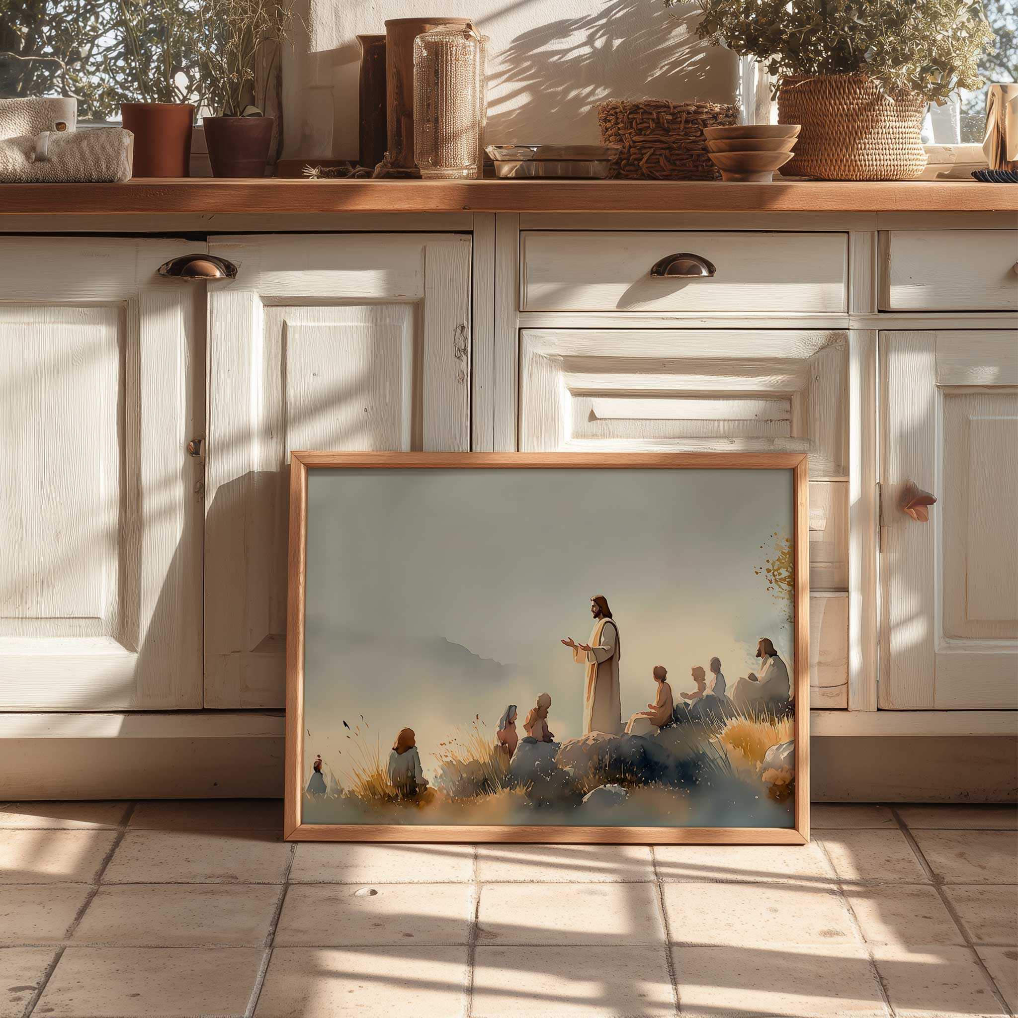 Minimalist framed wall art featuring Matthew 5:14 in soft neutral tones above a wooden console