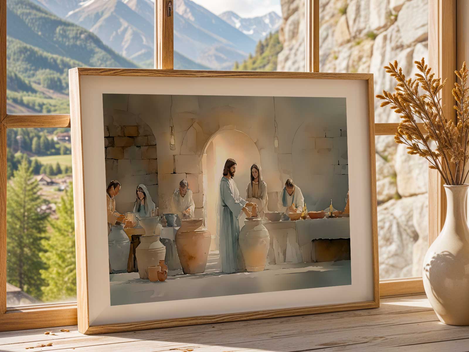 Servants filling stone jars at the Cana banquet while light falls on the water turned to wine, symbolizing transformation