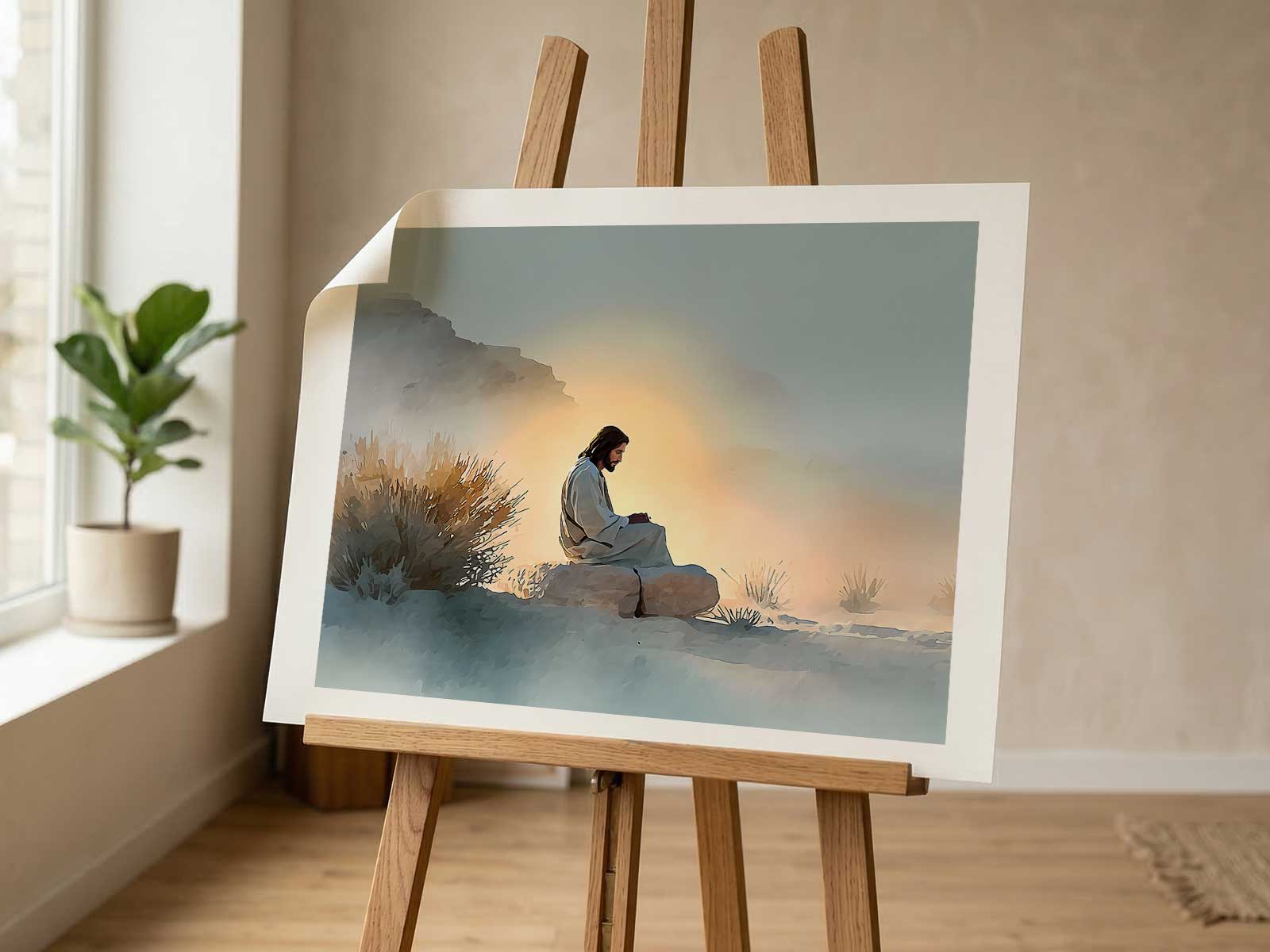 Sparse linear portrait of Jesus with a silent, contemplative expression, emphasizing simplicity and focus