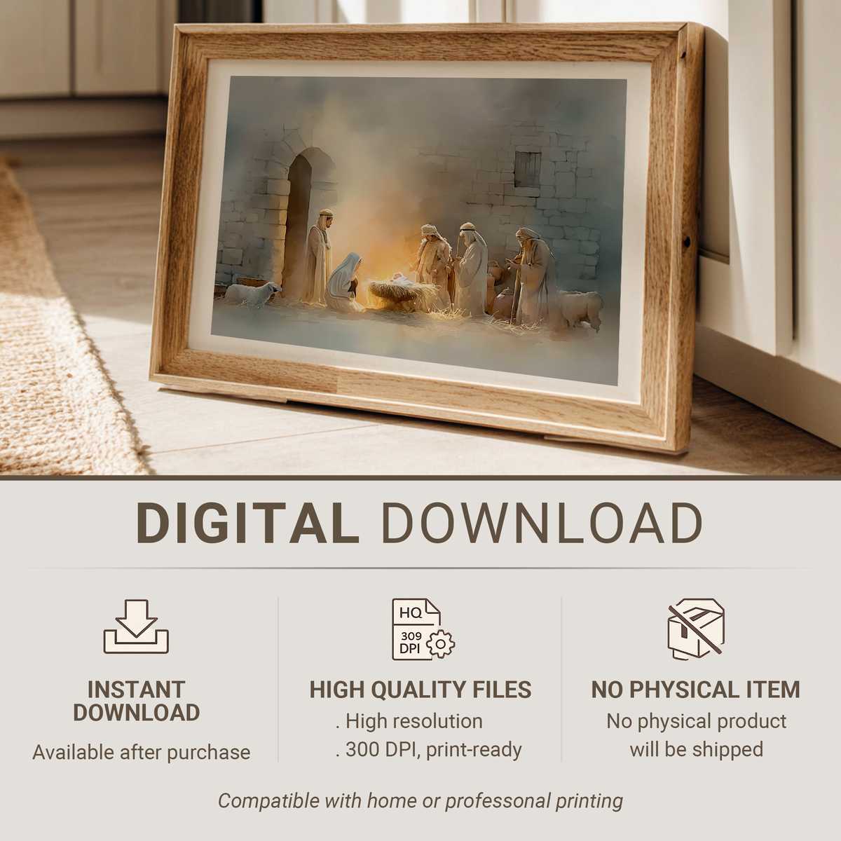 Three Magi presenting gifts before the Christ child on a large classical canvas hung above a mantel in a peaceful living room