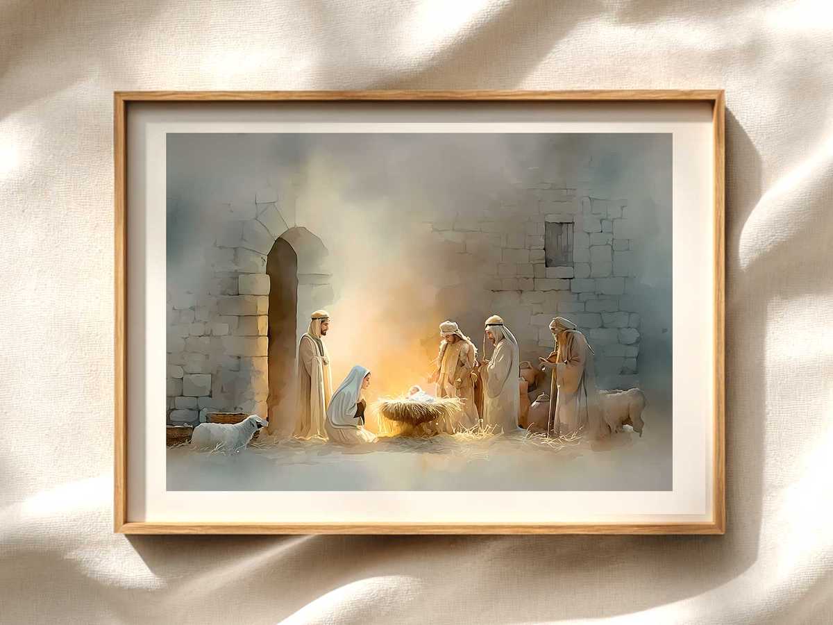 Three Magi presenting gifts before the Christ child on a large classical canvas hung above a mantel in a peaceful living room