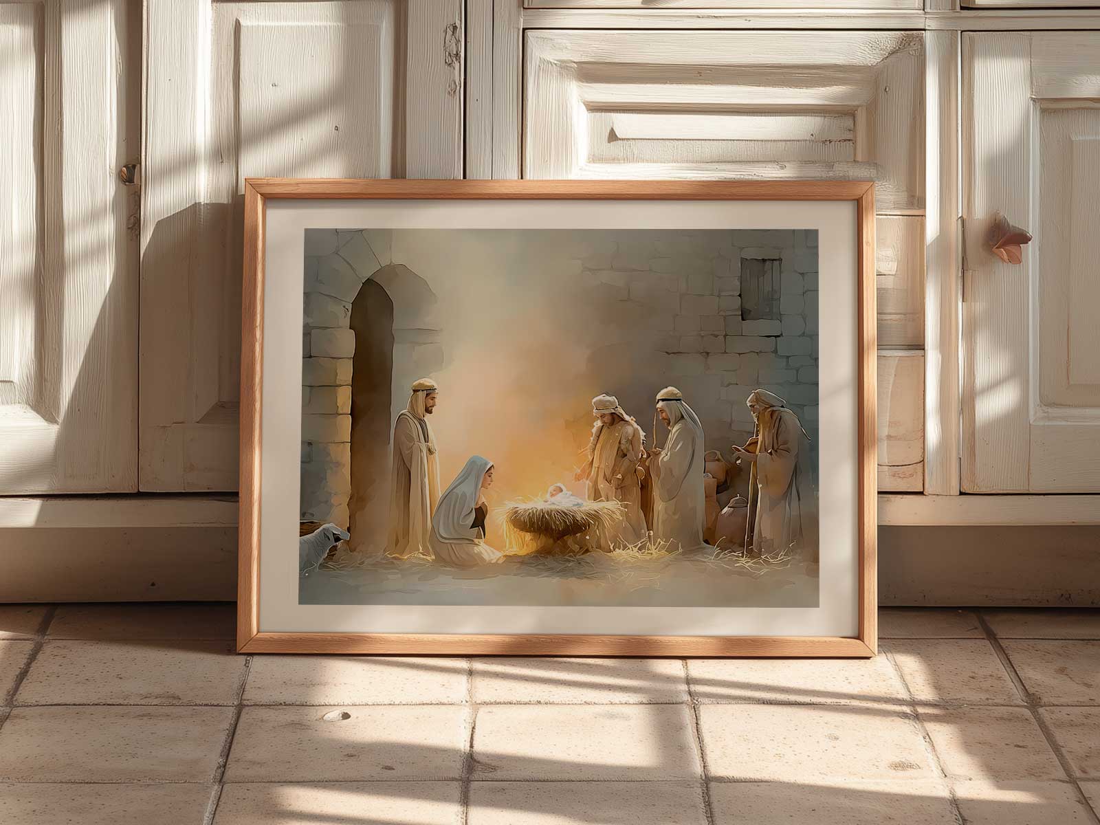 Soft-focus depiction of Jesus surrounded by gentle floral accents, creating a peaceful atmosphere suitable for bedroom…