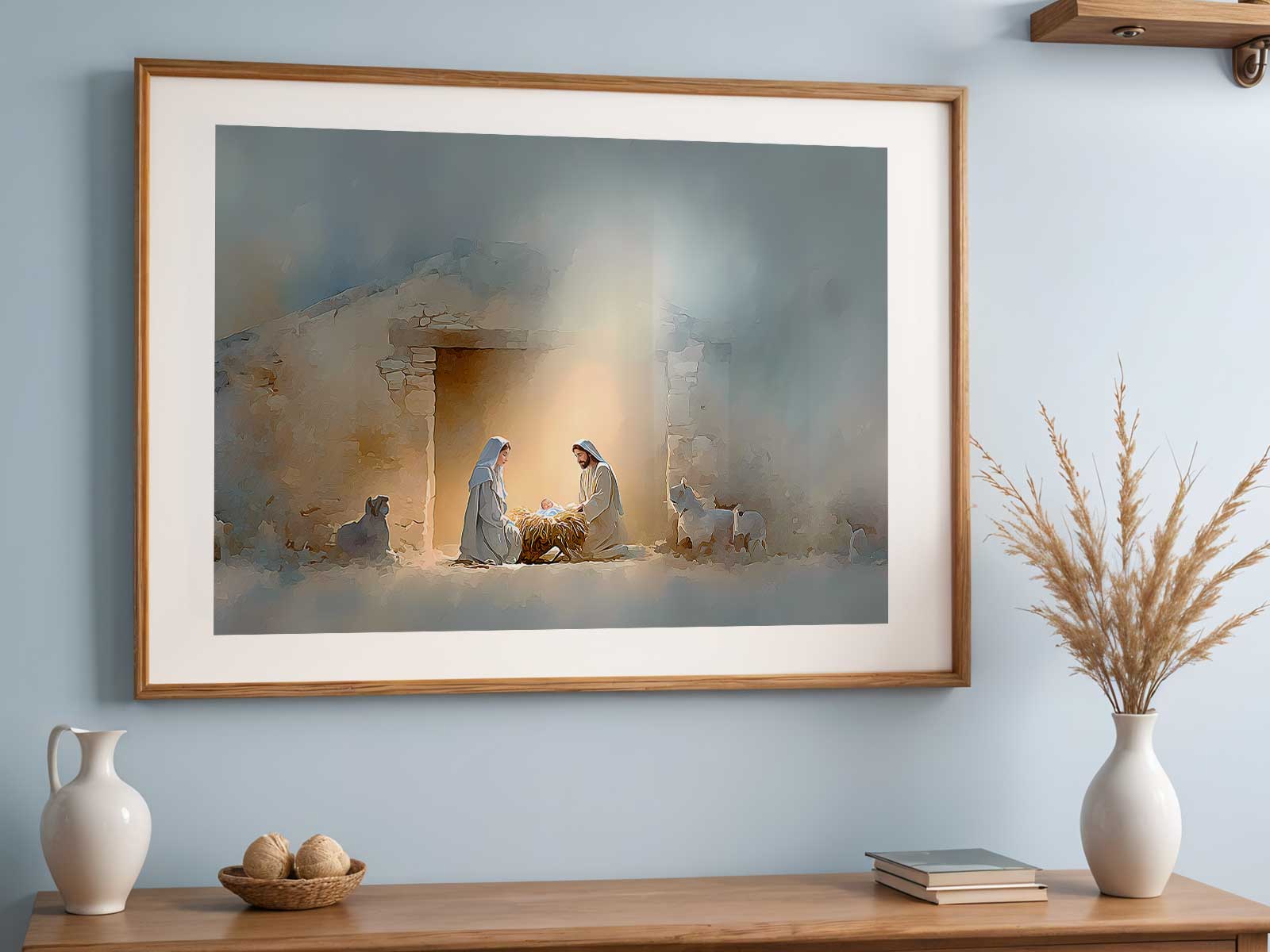 Annunciation canvas above a bed in a softly lit bedroom, offering peaceful presence and devotional comfort for daily life
