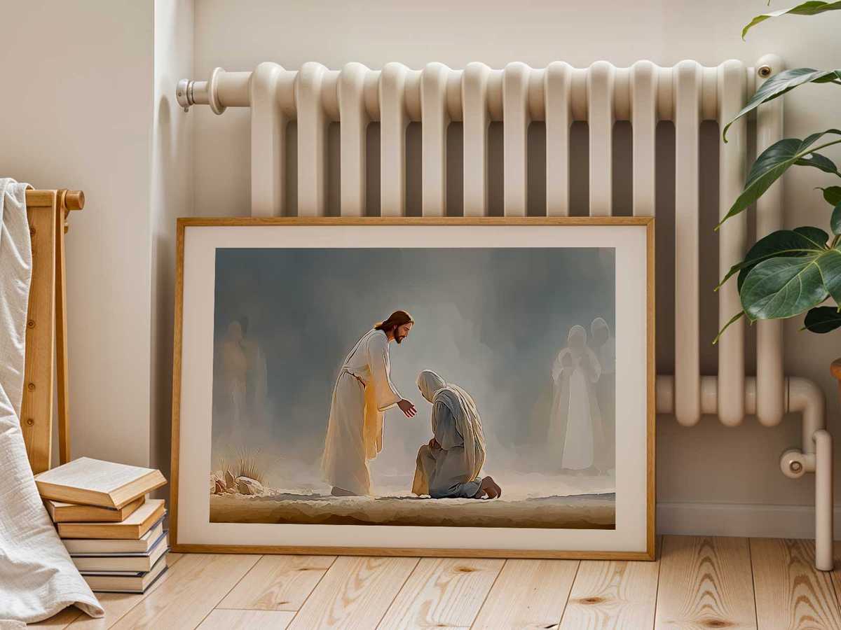 Soft pastel illustration of the leper's healing arranged in a cozy prayer nook with cushions and soft light