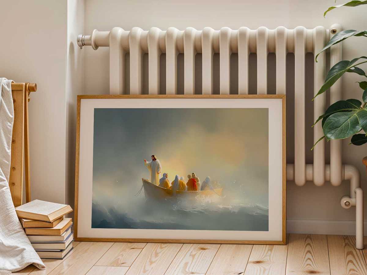Disciples reacting with awe and relief as the sea grows calm around them