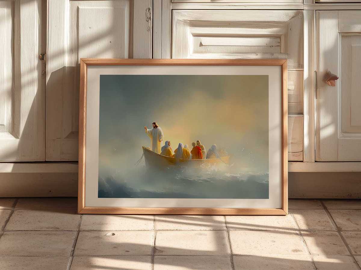 Dramatic lighting on Jesus as beams pierce storm clouds and illuminate the boat