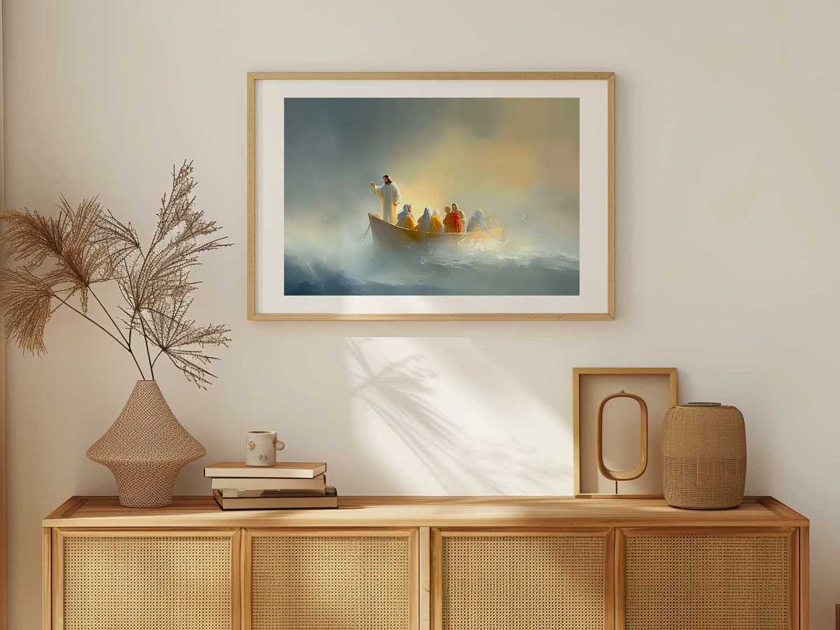 Silhouette of the boat and Jesus against a subdued dawn sky after the storm has passed