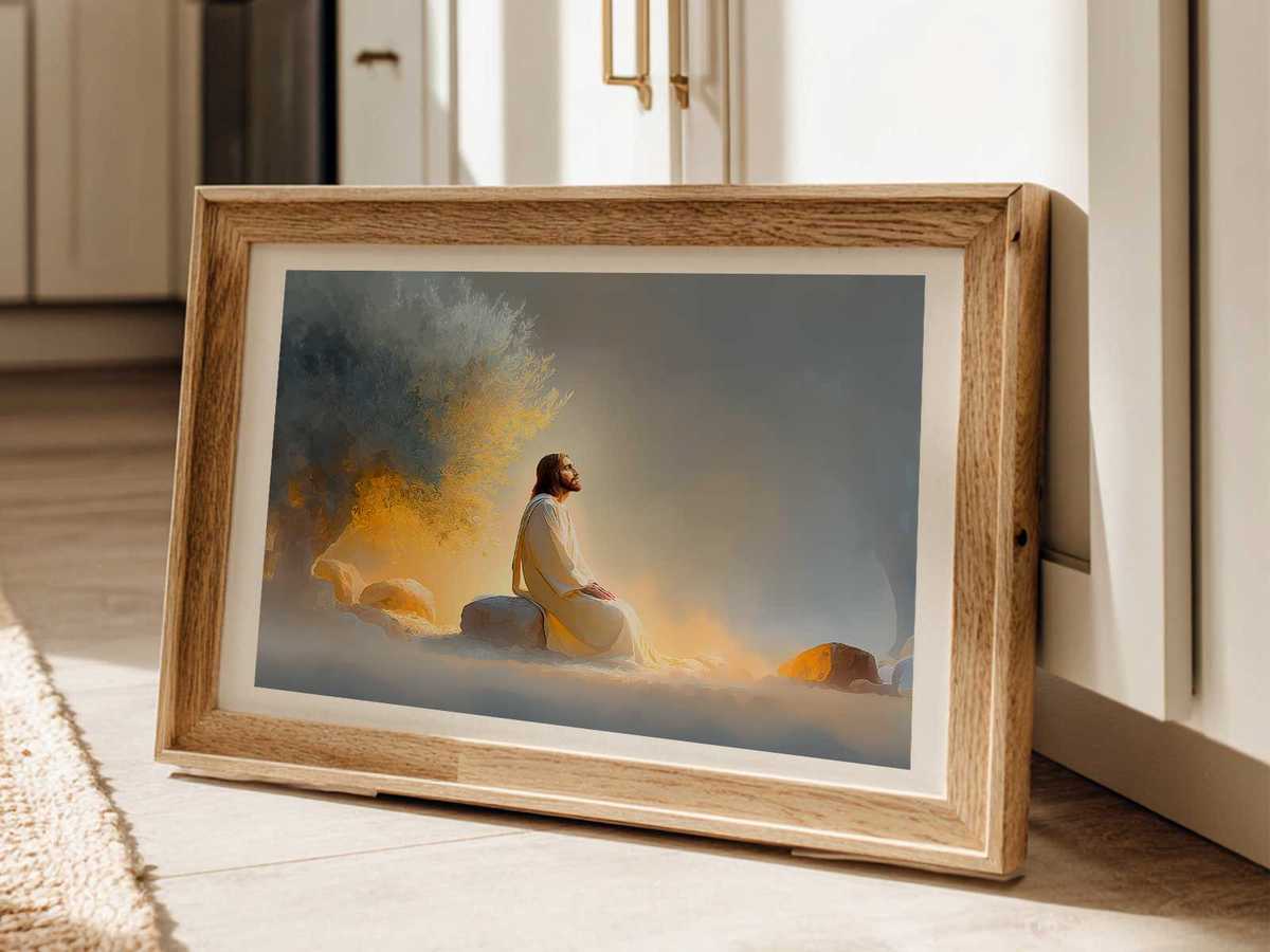Soft watercolor of a moonlit garden path and a short scriptural caption about prayer and peace