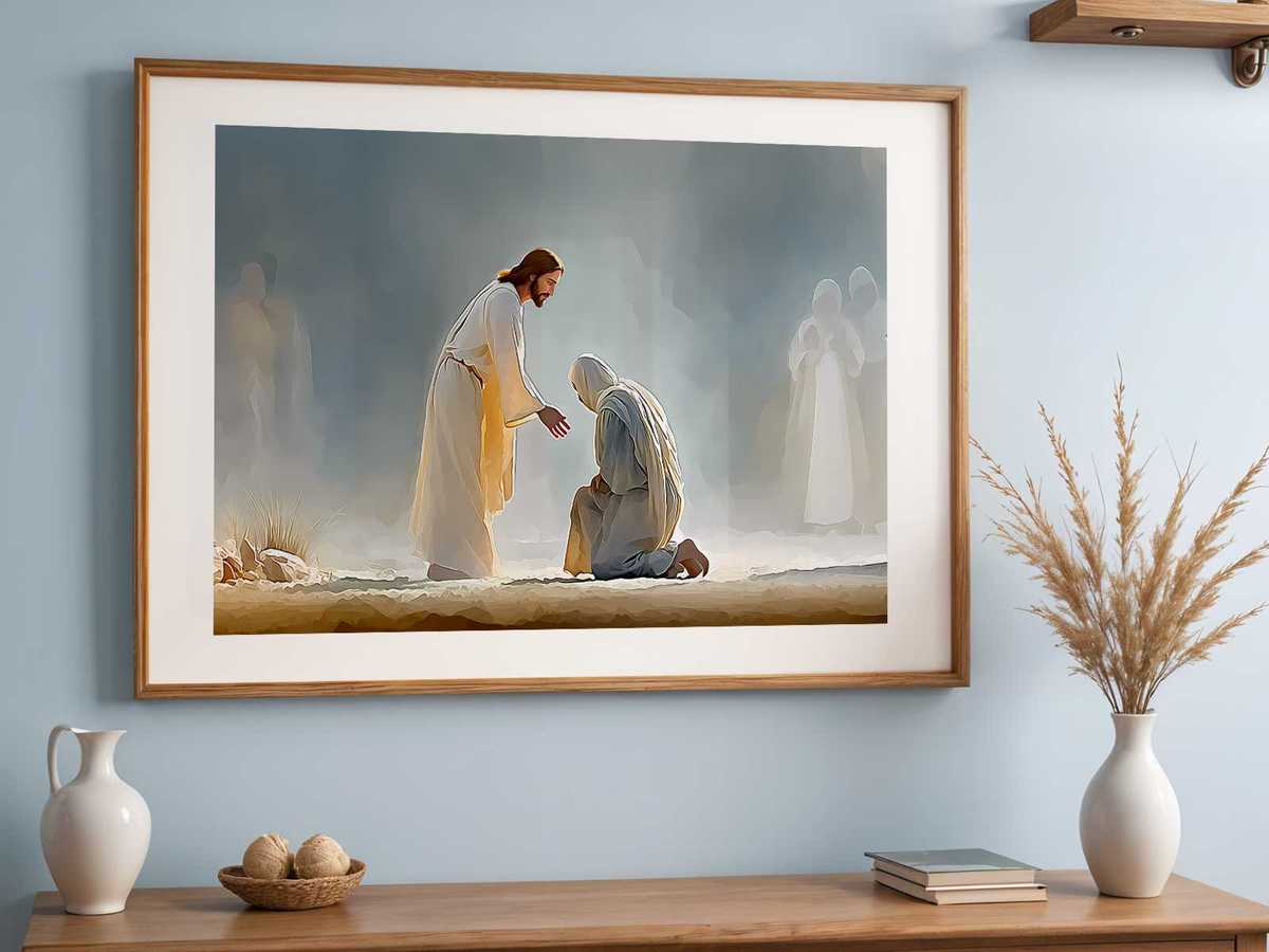 Framed image of the leper's healing positioned above a study desk to inspire focused prayer and calm