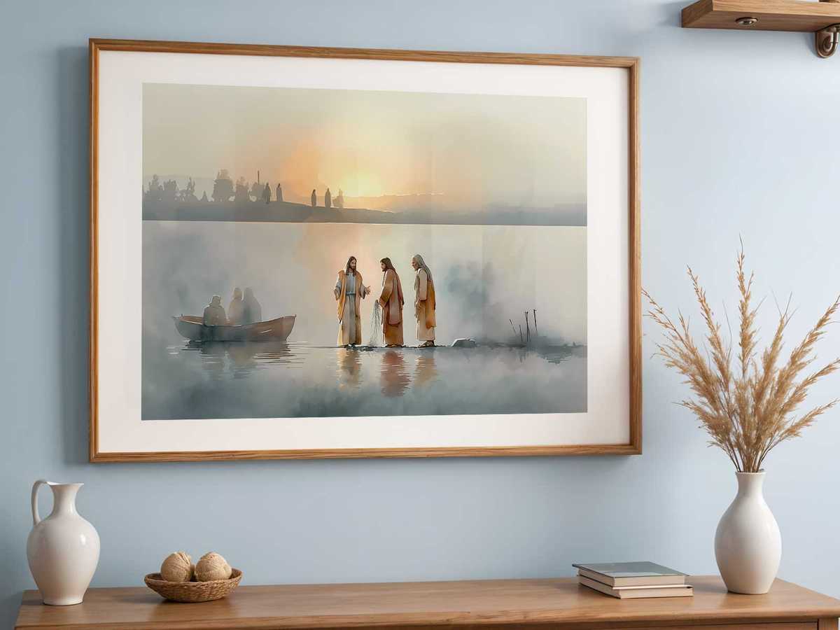 Two fishermen tending a net as they hear Jesus’ call, focused hands and thoughtful faces