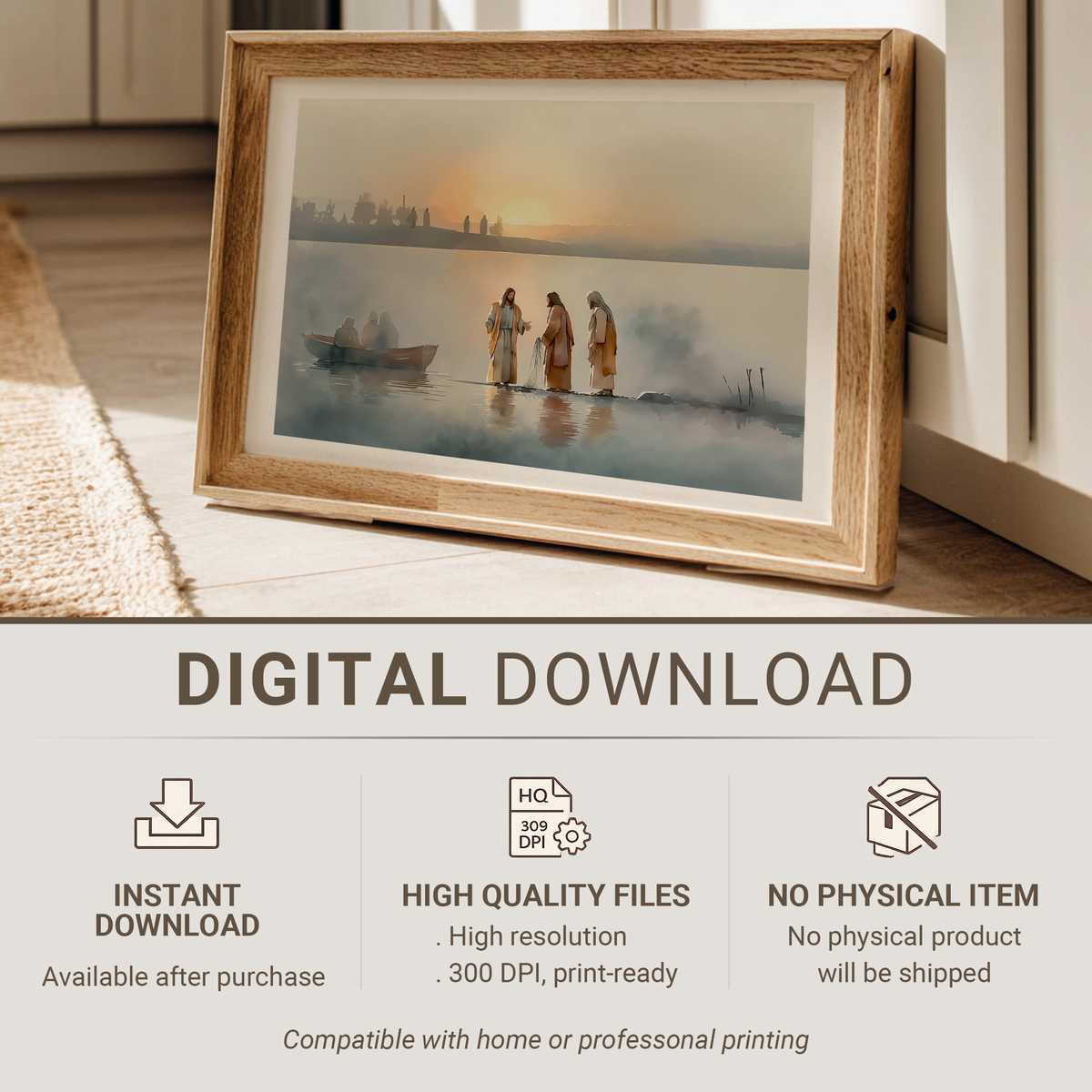 Framed Christian poster with a short scripture in elegant serif type, hanging among neutral-toned prints on a living room…