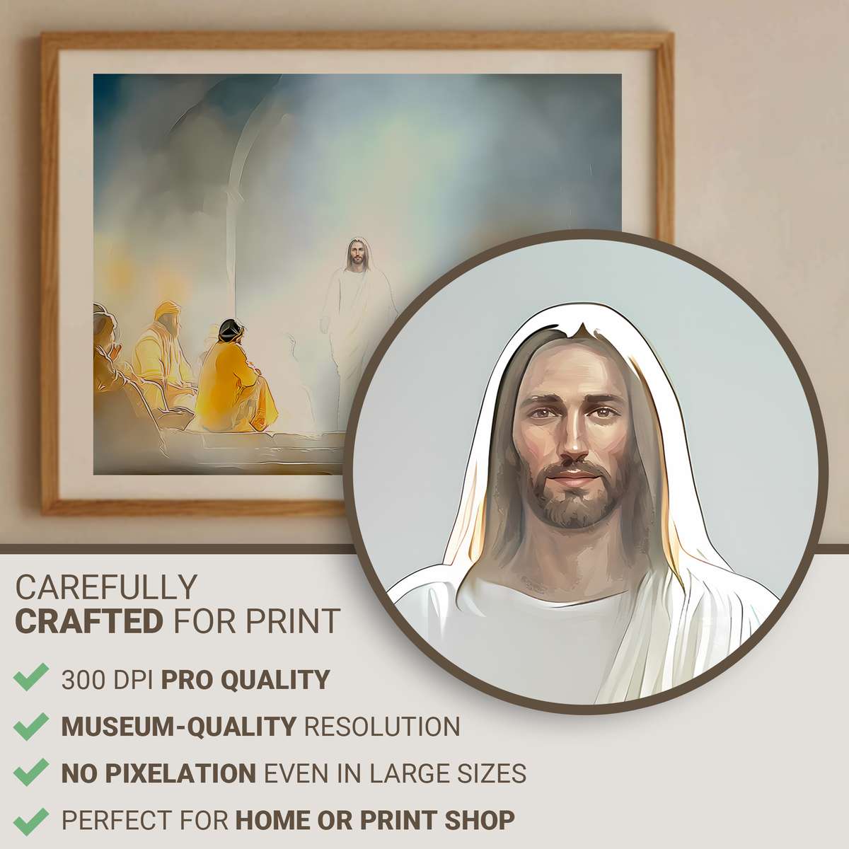 The Resurrected Christ appearing to disciples by a lakeshore, morning light warming their faces