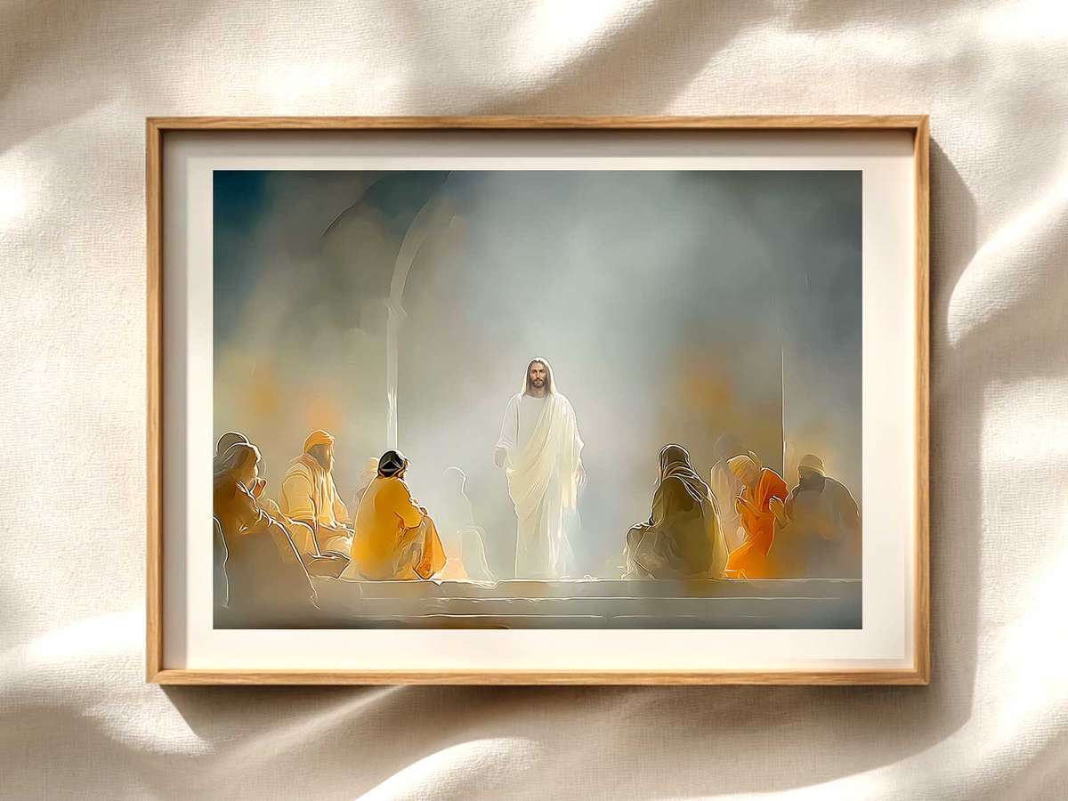 The Resurrected Christ appearing to disciples by a lakeshore, morning light warming their faces