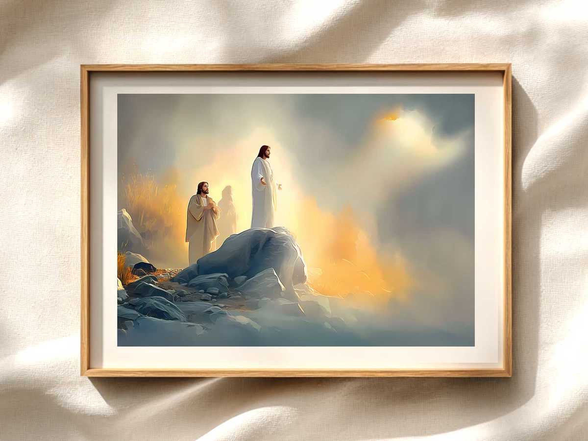 Close-up of Christ during the Transfiguration glowing with golden radiance while disciples shield their eyes