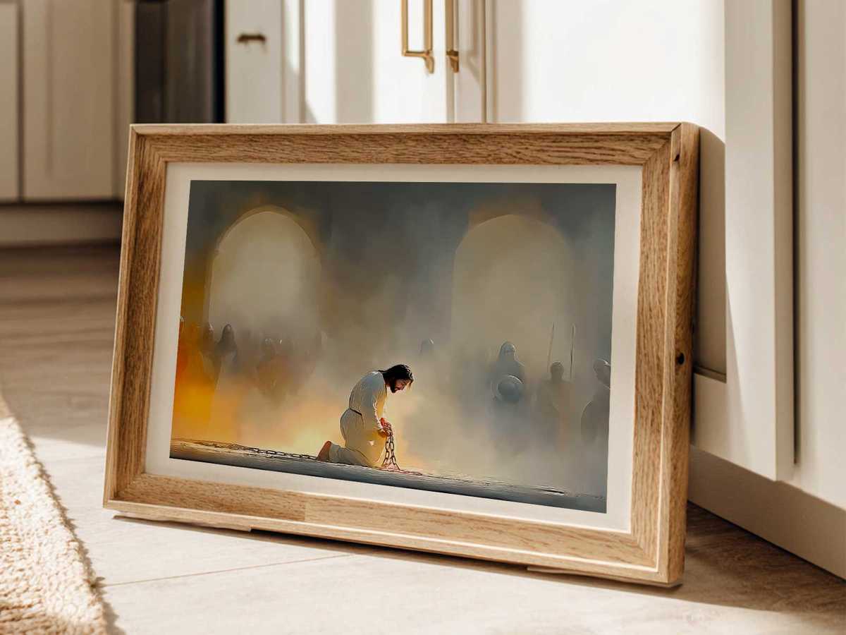 Stark compositional drawing of the trial scene with Christ centered and quietly composed