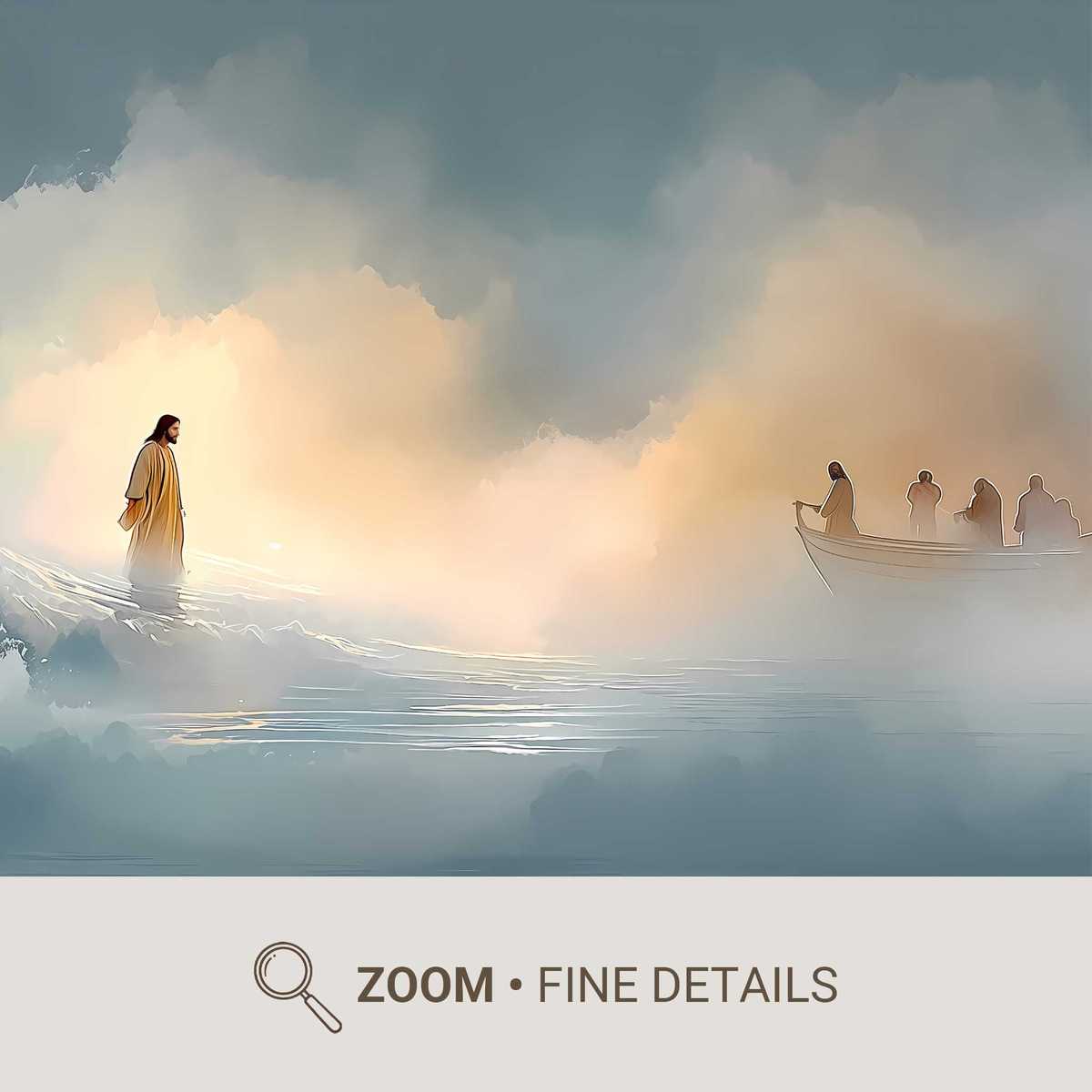 Peter stepping out of a boat toward Jesus on the water, hand reaching as waves surround him