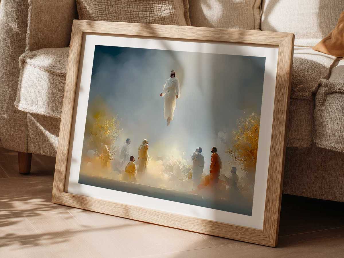 Abstracted beams of light converging upward around a faint Christ figure, suggesting victory and sending
