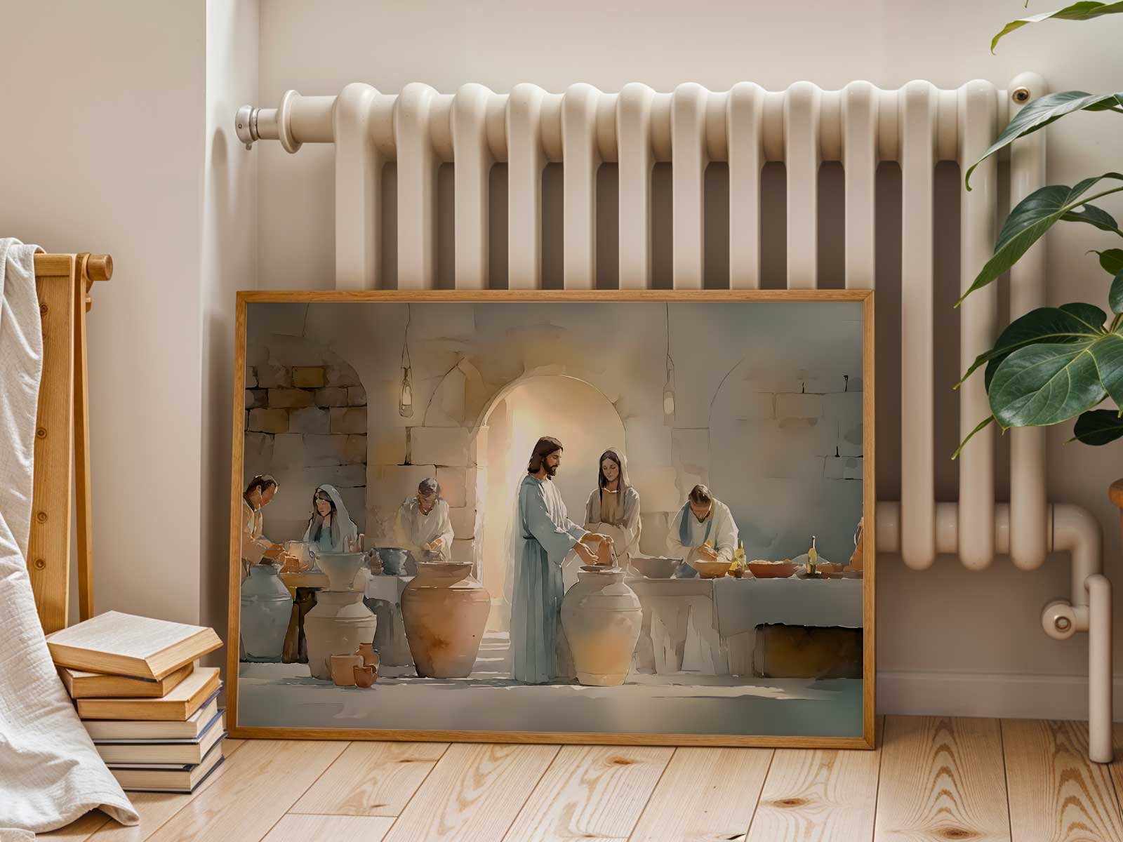 Painterly depiction of the Wedding at Cana showing Christ speaking beside the bride and groom as attendants carry jars in…
