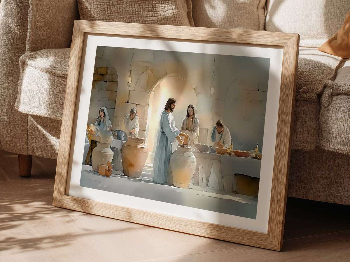 Stylized illustration of Wedding at Cana presented through sacred details arranged in a contemplative composition inspired by jesus art for a home of transformed joy