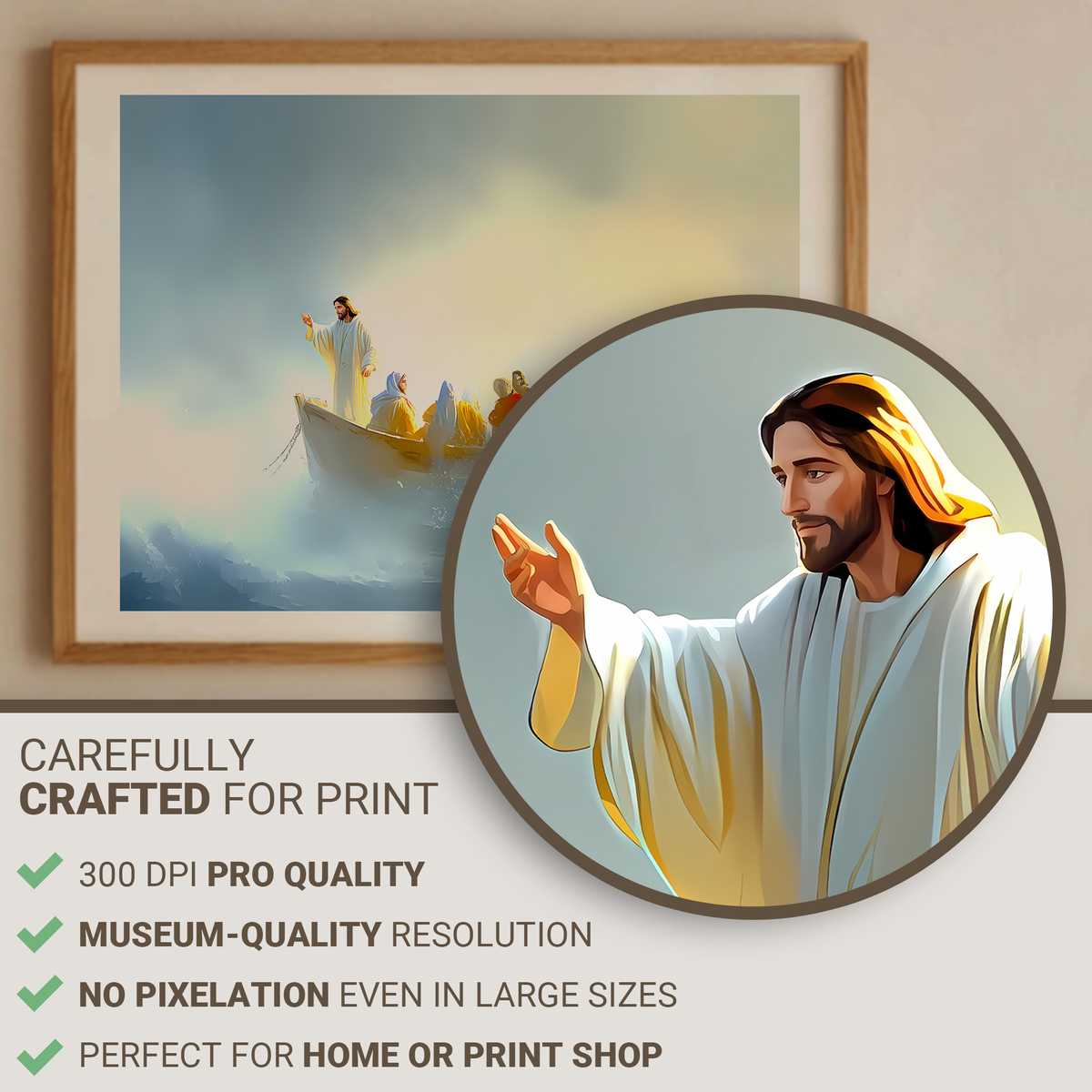 Wide view of Jesus calming the storm with disciples in a small boat, soft light breaking through dark clouds