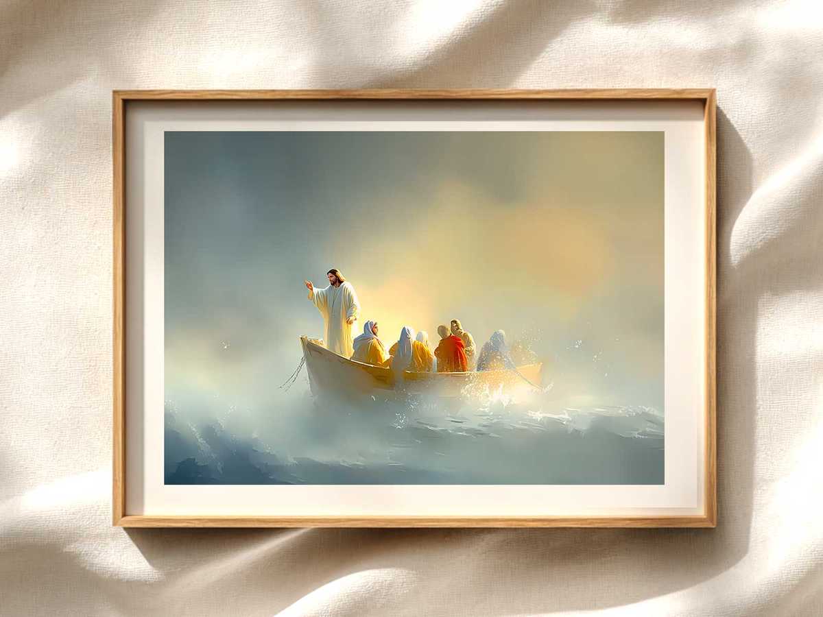 Wide view of Jesus calming the storm with disciples in a small boat, soft light breaking through dark clouds